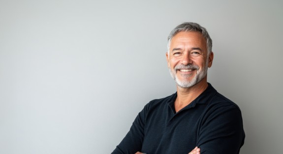 lächelnder Mann vor heller Wand